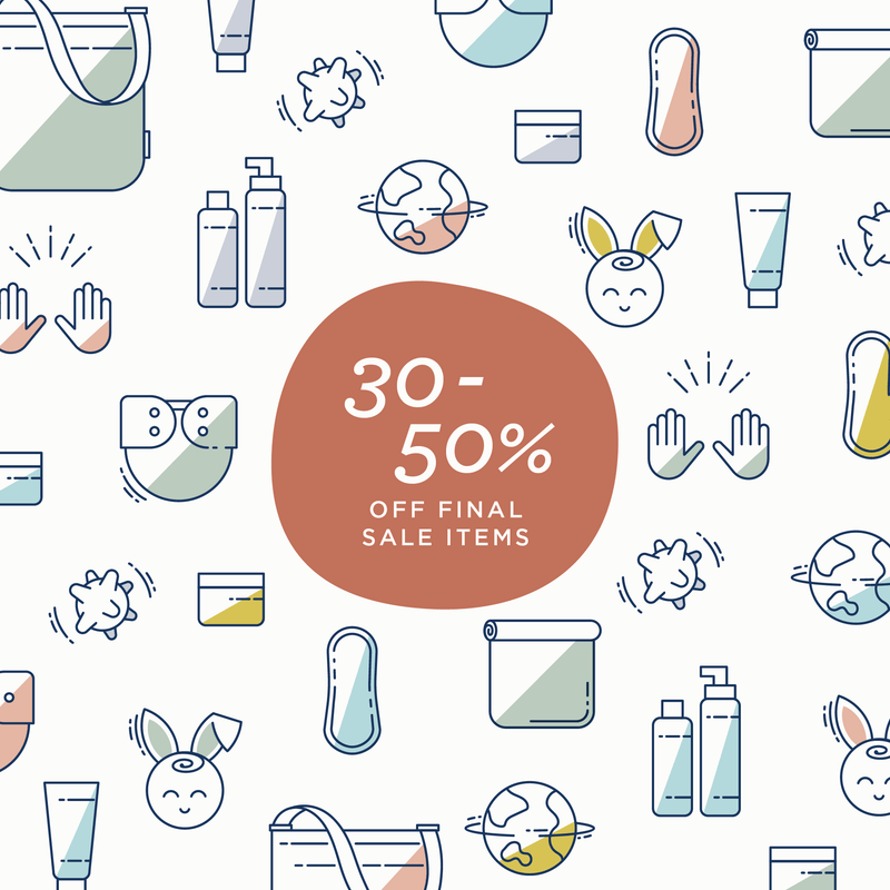 Cloth Diapering Icons outlined in navy blue in multiple colors on a cream colored background with a brown splotch that says 30-50% off final sale items