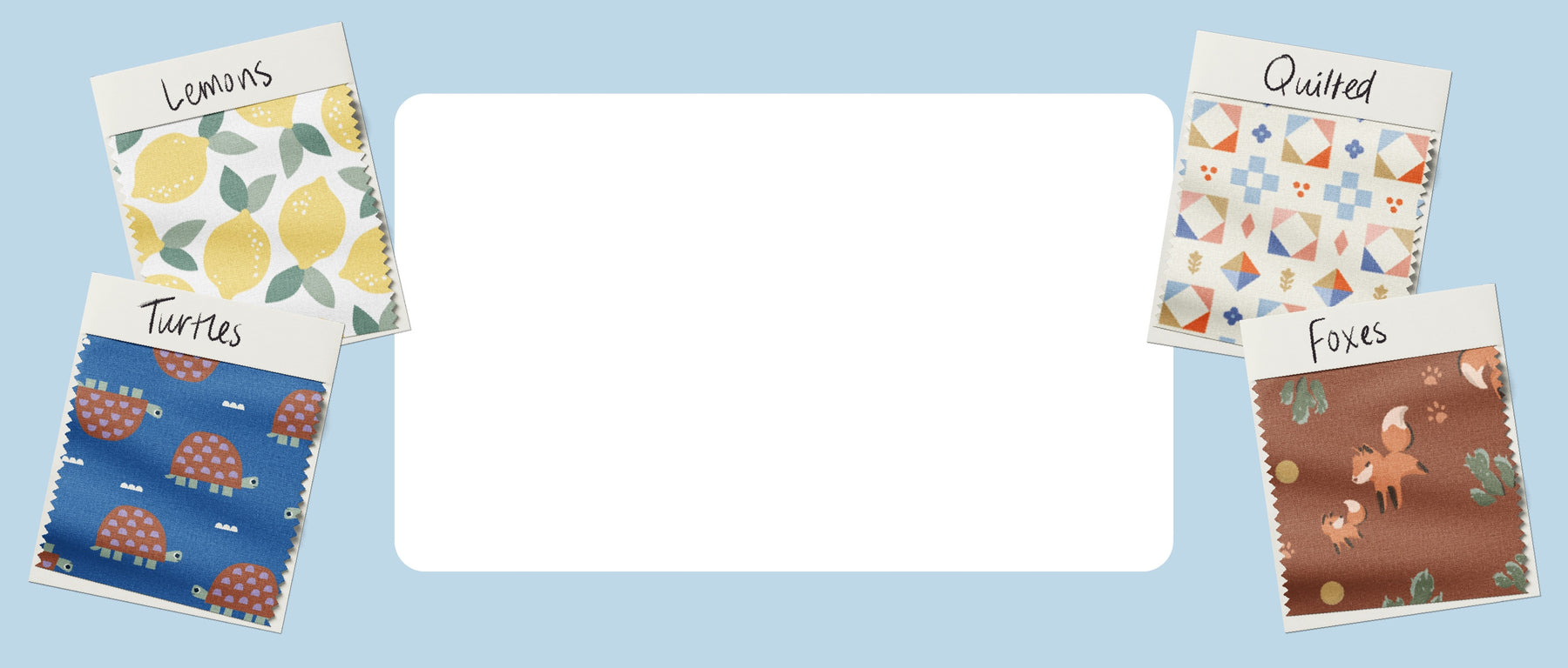 Four fabric swatches with different patterns on a light blue background