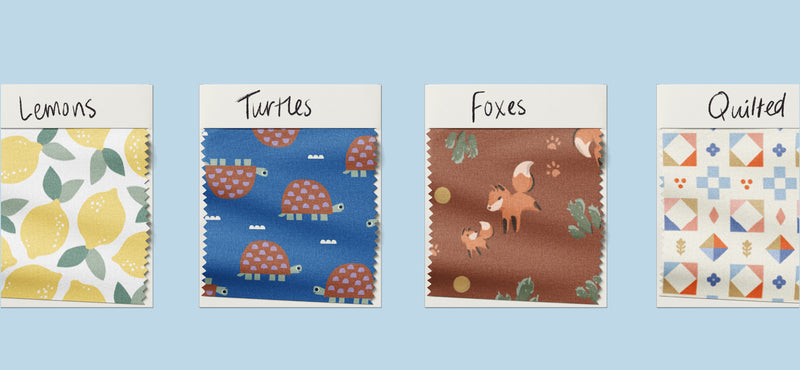 Four fabric swatches with different patterns on a light blue background