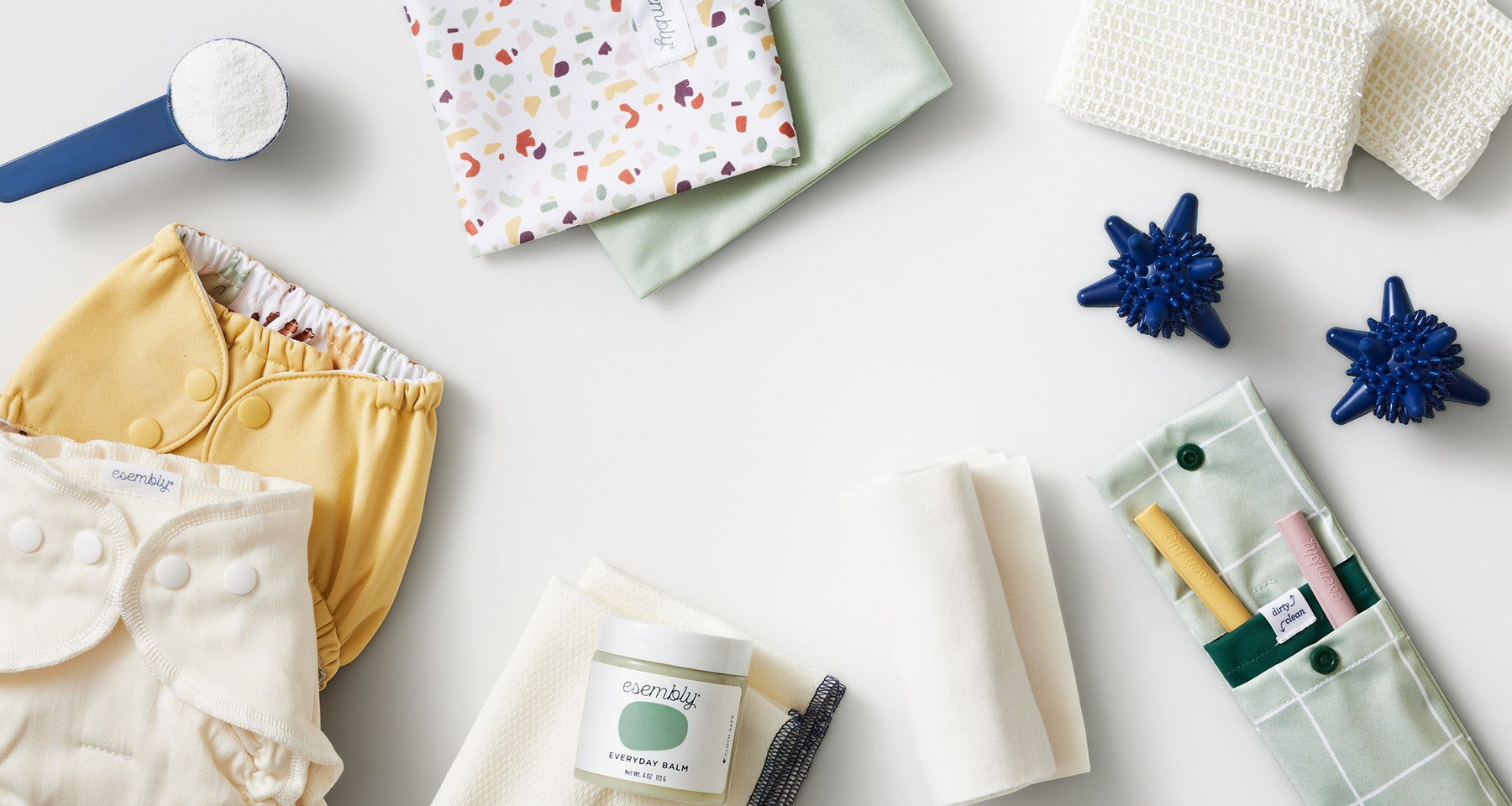 Inner, Barley Outer, Scoop of Washing Powder, two petite pouches, Wipe Ups and Wipe Up Wash, Sippers, Agitators, and Go-Two Sponges