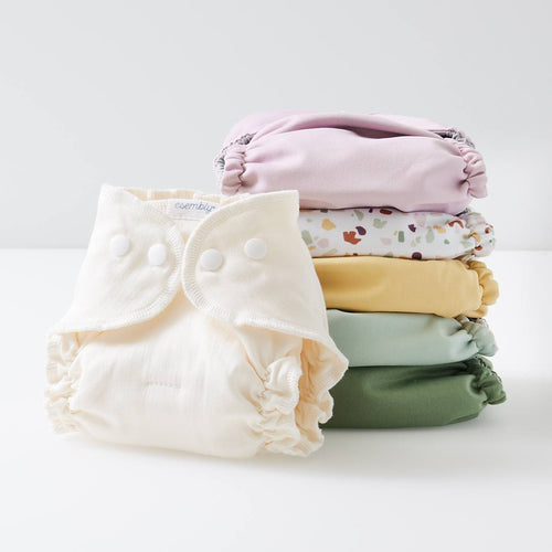 An image showing an organic cotton inner, and five outers; an Amethyst, a Terrazzo, a Barley, a Sea Glass, and an Aloe.