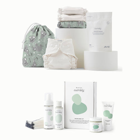 Elephant Outer and Ditty Bag with three Esembly Inners, a Washing Powder sample bag, and a skincare kit (with Wipe Up Wash Kit, Everyday Balm, Wipe Ups, and Rash Relief Cream in a decorative gift box).