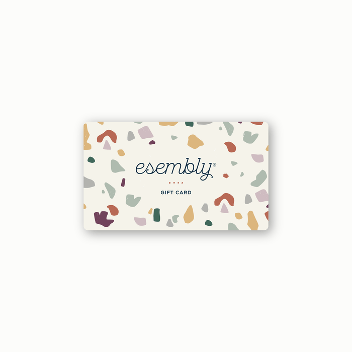 Esembly Gift Card with Terrazzo print (off-white background with colorful neutral terrazzo chips) on it