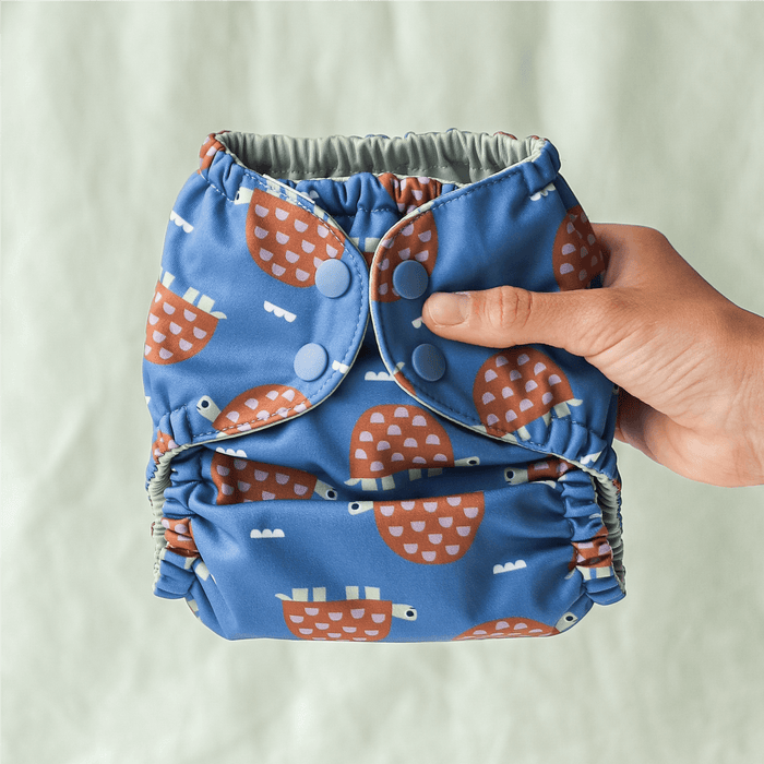 Blue cloth diaper with a turtle pattern held by a hand against a light green background