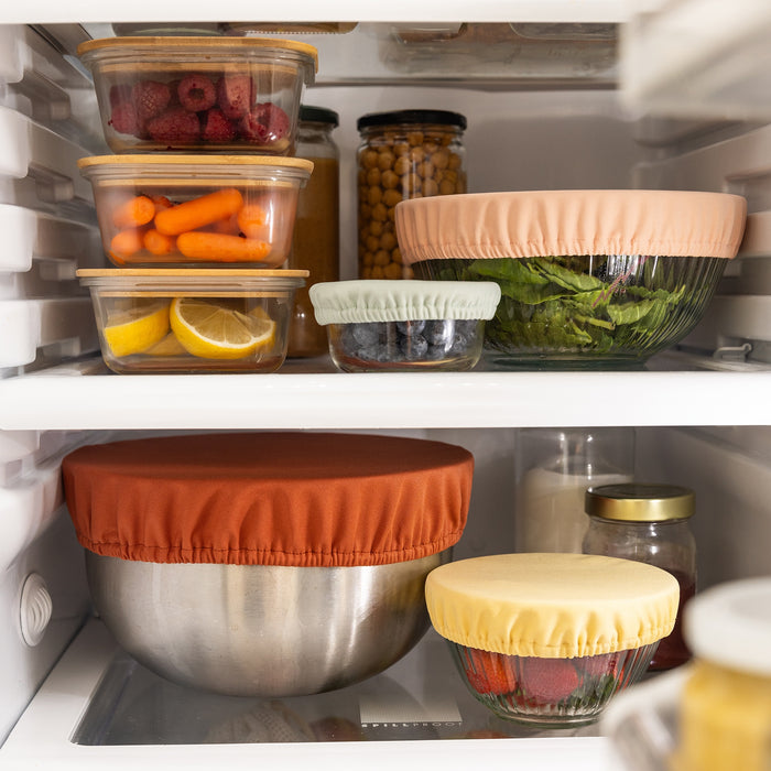 Bowls with Esembly Bowl Covers in red, light pink, yellow, and light green in a refrigerator along with containers filled with various fruits and vegetables