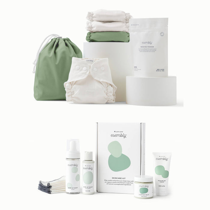 Aloe Outer and Ditty Bag with three Esembly Inners, a Washing Powder sample bag, and a skincare kit (with Wipe Up Wash Kit, Everyday Balm, Wipe Ups, and Rash Relief Cream in a decorative gift box).