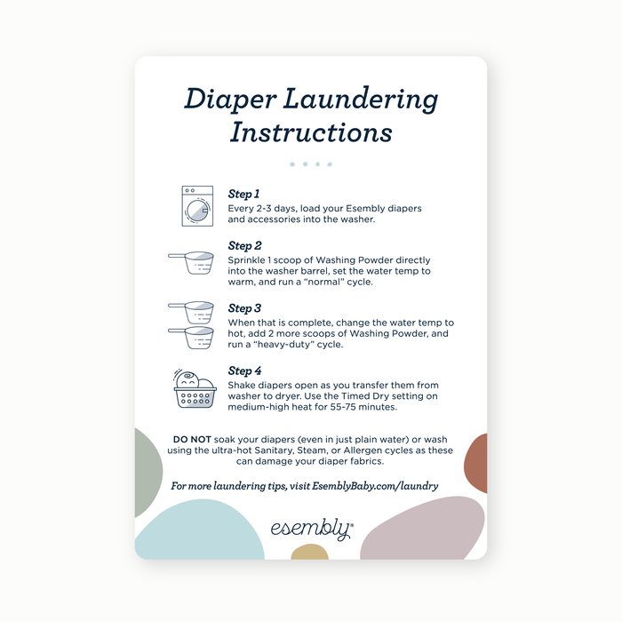 Diaper Laundering Instructions Magnet. Ink text with neutral splotches on it