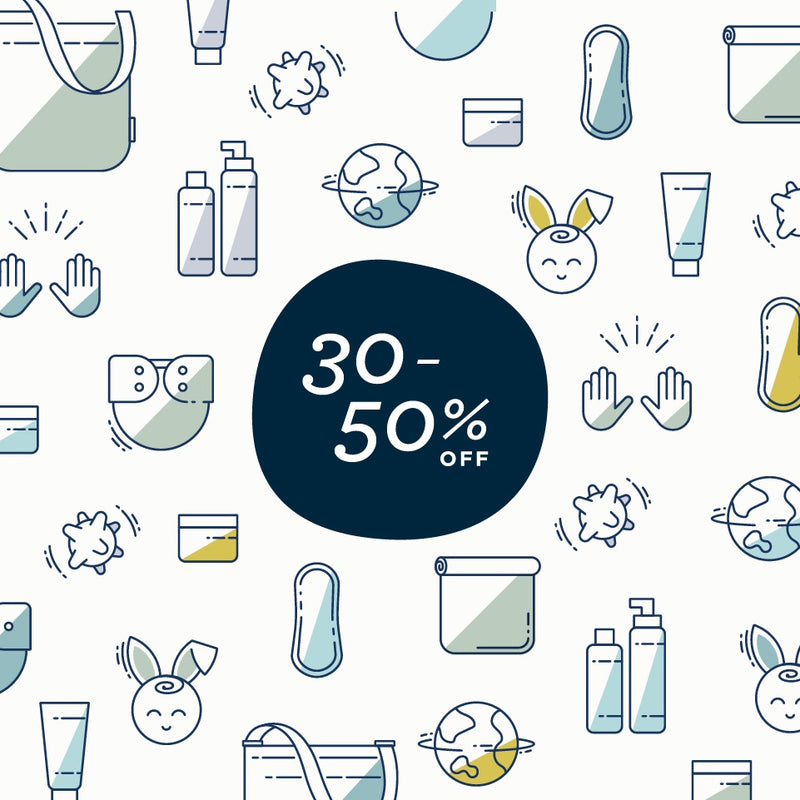 Cloth Diapering Icons outlined in navy blue in multiple colors on a cream colored background with a navy splotch that says 30-50% off final sale items