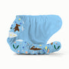 Inside view of an Esembly Outer in Bunnies on the exterior (bunnies, flowers, and ducks illustrated by Flora Waycott on a mid-tone blue background) and cornflower (a soft mid-tone blue) on the inside.