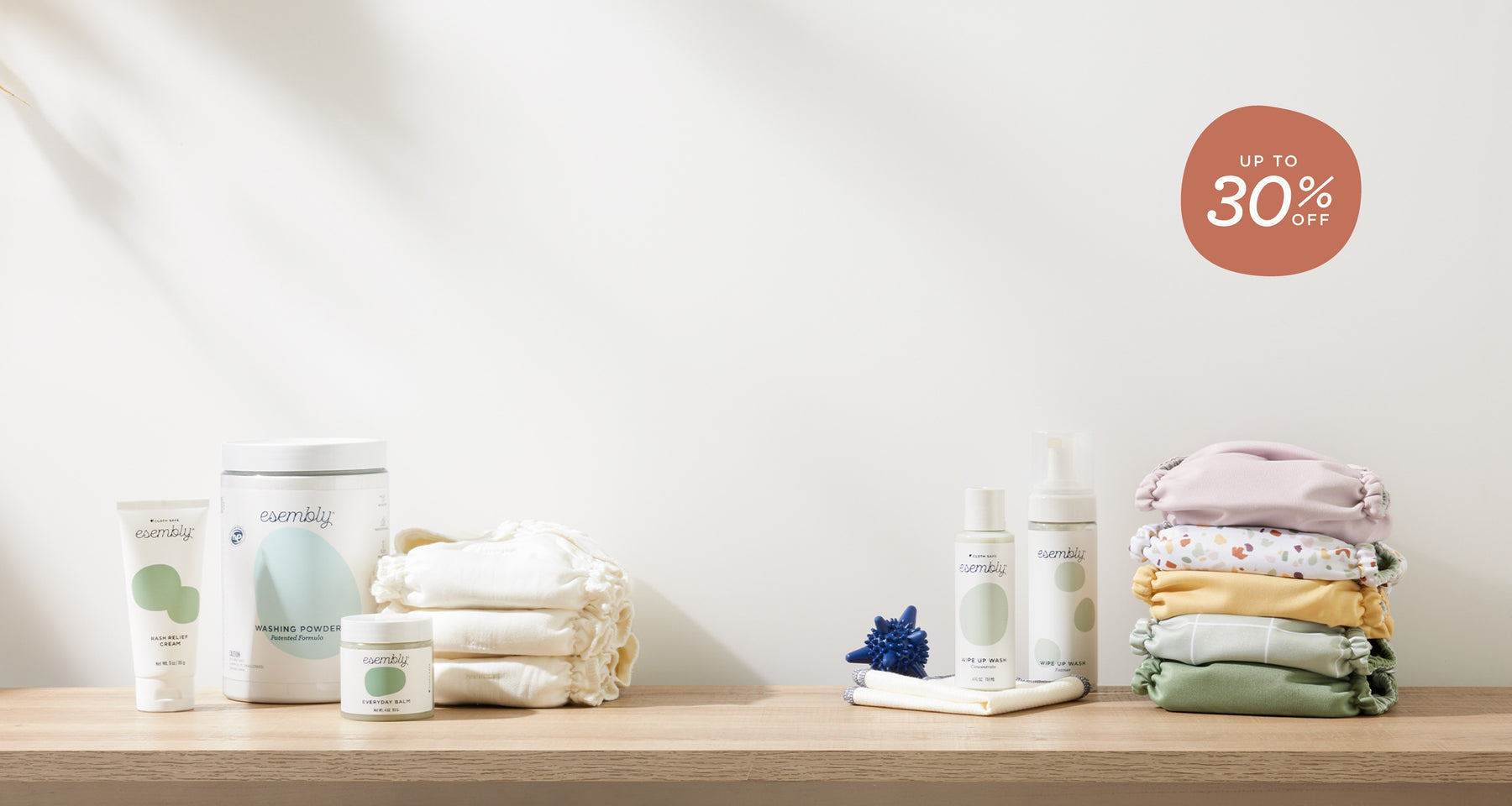 Rash Relief Cream, 3-pound washing powder, everyday balm, three Inners, Agitators, Wipe Ups, Wipe Up Wash and Foamer, and five Outers.  Amethyst, Terrazzo, Barley, Lattice, and Aloe.