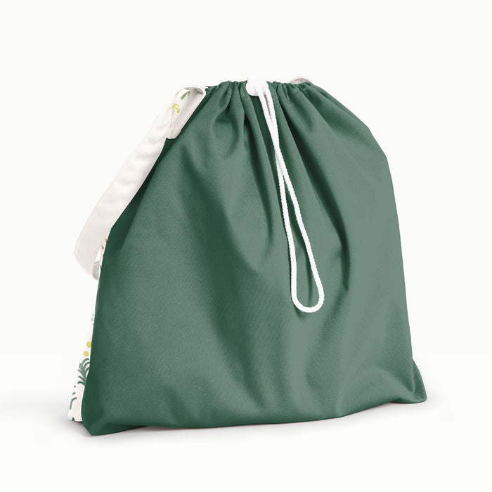 Back view of Esembly Day Bag in Fantastic Fungi (with a dark green back and white straps)