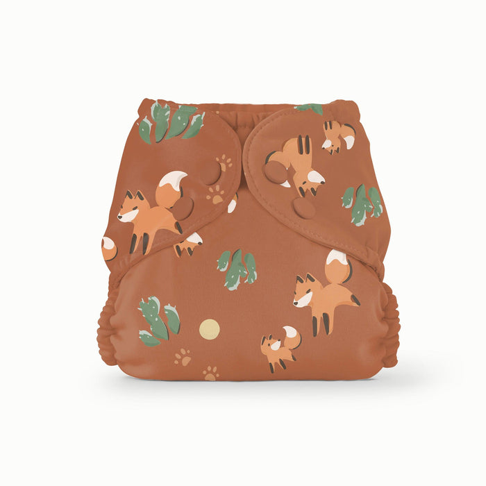 Brown diaper with fox pattern on a white background