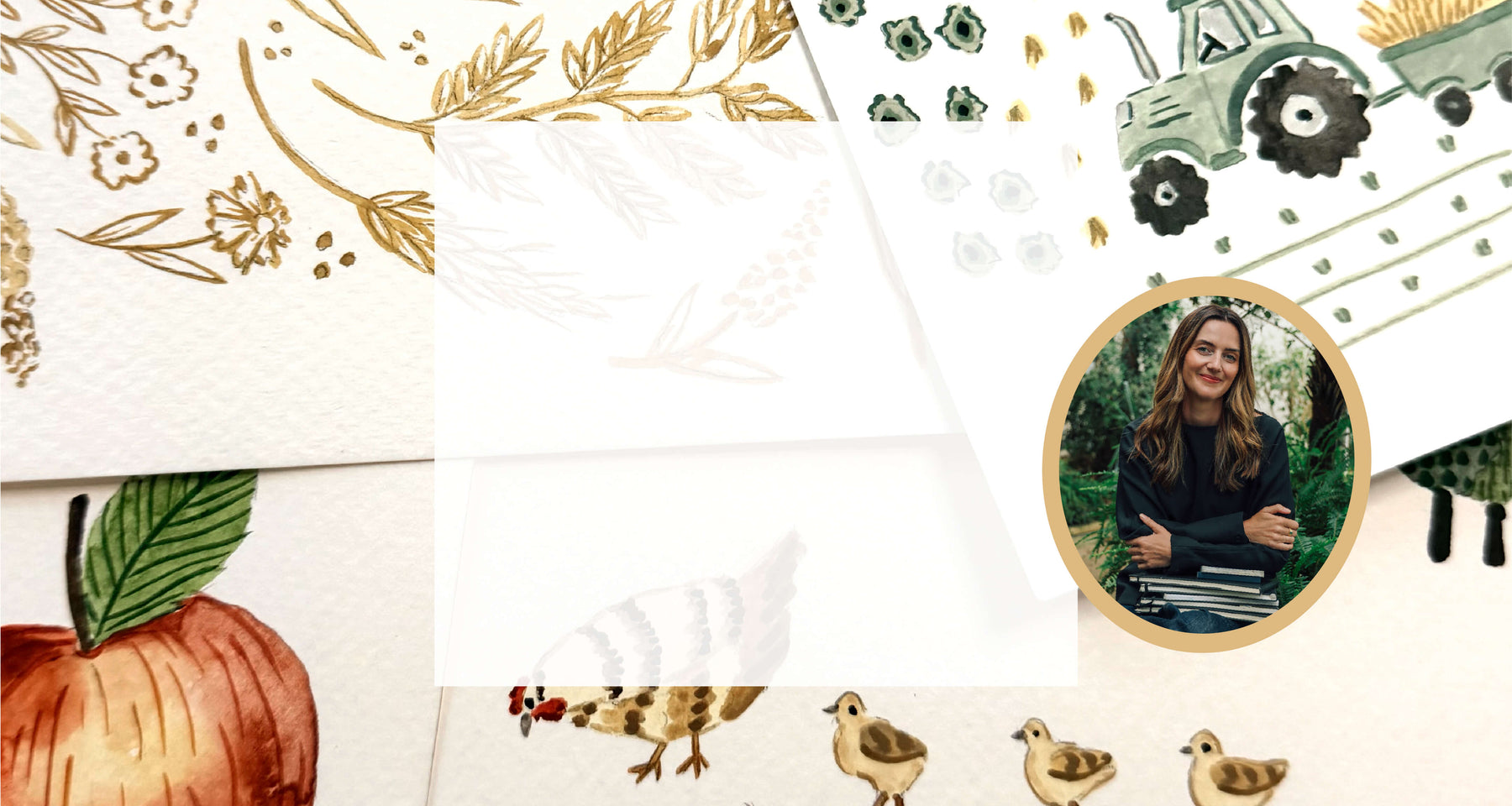 A collage-style flat lay of watercolor paper with illustrated motifs including a watercolor apple, ducks, a tractor, floral gold linework, and a circular photo insert of Sara from Sara Boccaccini Meadows.