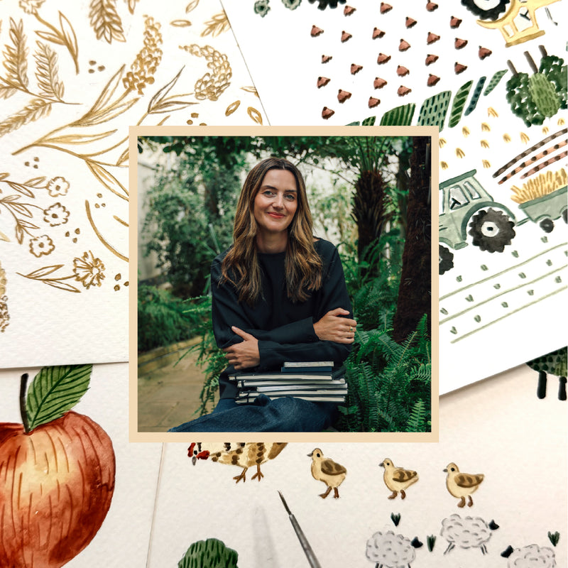 A collage-style flat lay of watercolor paper with illustrated motifs including a watercolor apple, ducks, a tractor, floral gold linework, and a circular photo insert of Sara from Sara Boccaccini Meadows.