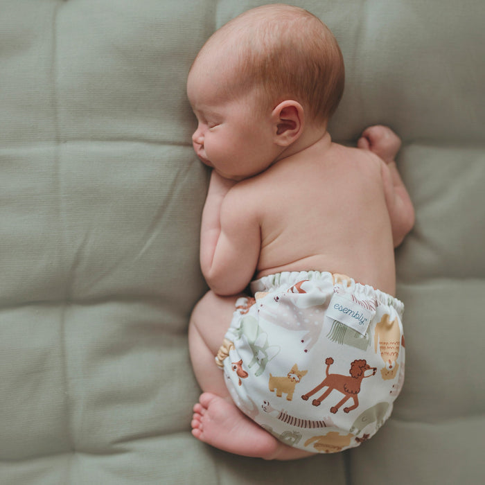 Baby laying on a sand color blanket wearing an Outer with a white background with light green, light purple, light yellow and brown dogs