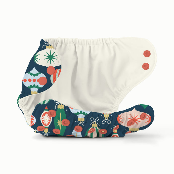 Inside view of Outer in Ornaments (a dark blue outer with illustrations of colorful, vintage ornaments)