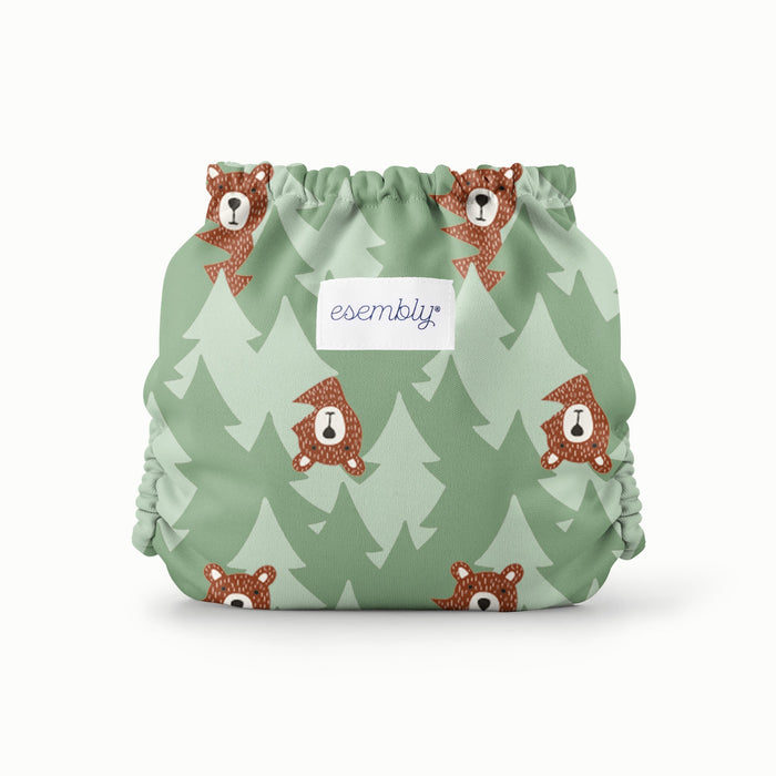 Back view of Esembly Outer in Peek-A-Bear (mid-tone and light green trees in the background with illustrated brown bears peeking out)