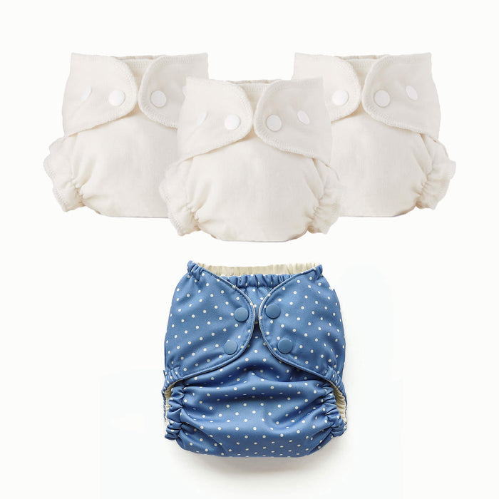An Outer with white polka dots on a blue background with three Inners