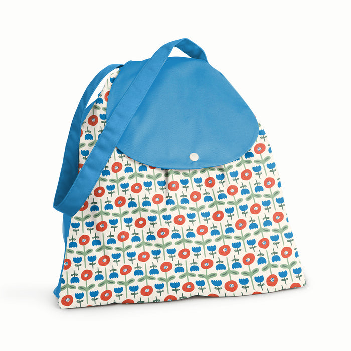 Esembly Day Bag in Poppies with a Bright Blue flap, strap, and back