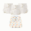 Three white cloth diapers with a colorful patterned diaper on a white background