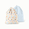 Two drawstring bags, one with a geometric pattern and the other plain light blue, on a white background.