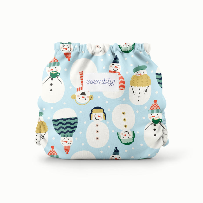 Back View of Snow Friends Outer (a light blue background with illustrated snowmen wearing winter clothings)