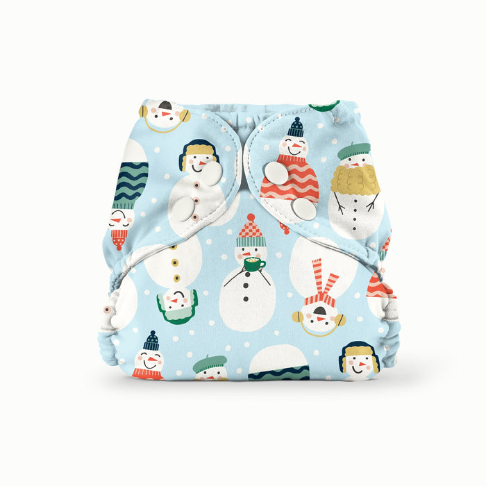Front View of an Esembly Outer in Snow Friends (a light blue background with illustrated snowmen wearing winter clothings)
