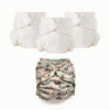 Three off-white reusable cloth diaper covers with snap closures are shown above a single patterned cloth diaper underneath on a clean white background.