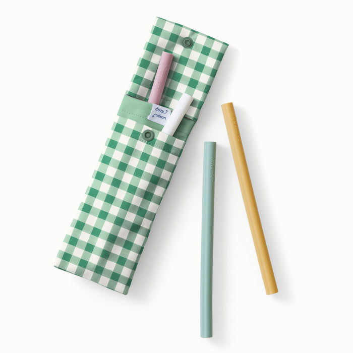 Green and White gingham fabric straw pouch with four silicone straws