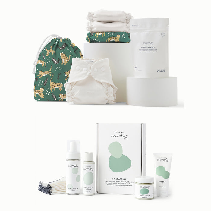 Wildcats Outer and Ditty Bag with three Esembly Inners, a Washing Powder sample bag, and a skincare kit (with Wipe Up Wash Kit, Everyday Balm, Wipe Ups, and Rash Relief Cream in a decorative gift box).