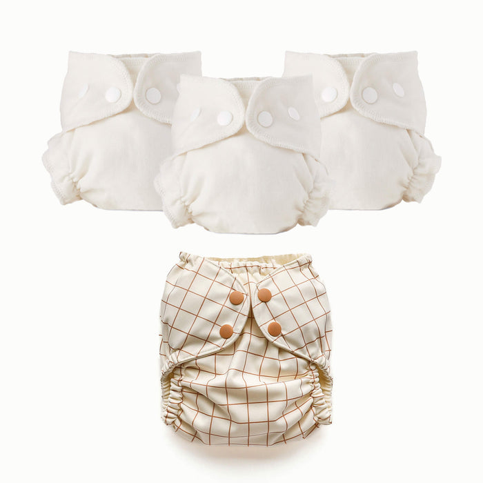 An Outer with caramel checks on a cream background with three Inners