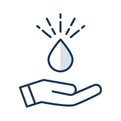 Icon of a hand being held out and a water droplet above that has a sparkle. Signifying our skincare products are made with uncomplicated, organic,* all natural ingredients that are free of petro-chemicals, parabens, SLS and dyes.