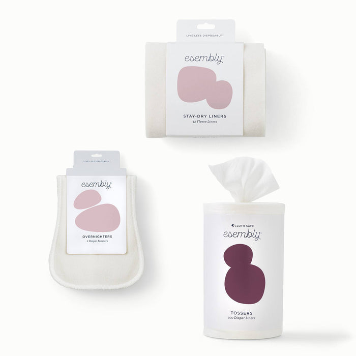 Esembly Stay-Dry Liners, Overnighters, and Tossers in their packaging