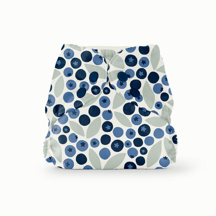 Front view of Esembly Outer in a white background with dark navy blue and light blue blueberries with light green leaves