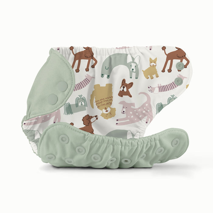 Open view of Esembly Outer in a light mint green color with an interior a white background with light green, light purple, light yellow and brown dogs