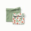 Sandwich size reusable bag in mid-tone green and a snack size reusable bag in Strawberries (a white background with red strawberries and light green leaves)